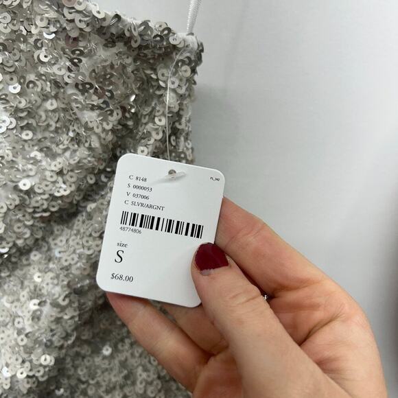 NEW Free People Silver Sequin Sequins High Neck Sparkle Turtleneck Tank Top XS - Picture 6 of 8